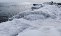 Ice-covered shore, rocks and coastal cliffs. The Black Sea is frozen Royalty Free Stock Photo