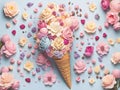 Ice cram cone with flowers on pastel blue background, generative ai Royalty Free Stock Photo