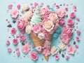 Ice cram cone with flowers on pastel blue background, generative ai Royalty Free Stock Photo