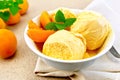 Ice cream apricot in bowl on napkin Royalty Free Stock Photo