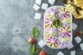 Ice cream assortment. Various fruit and berries ice cream in plstic box. Summer dessert. Top view. Copy space Royalty Free Stock Photo