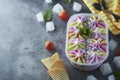 Ice cream assortment. Various fruit and berries ice cream in plstic box. Summer dessert. Top view. Copy space Royalty Free Stock Photo