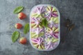 Ice cream assortment. Various fruit and berries ice cream in plstic box. Summer dessert. Top view Royalty Free Stock Photo