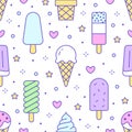 Ice cream background, sweet food seamless pattern. Vanilla icecream, frozen yogurt, popsicle lolly line icons. Summer