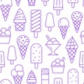 Ice cream background, sweet food seamless pattern. Vanilla icecream, frozen yogurt, popsicle lolly line icons. Summer