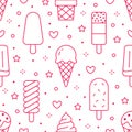 Ice cream background, sweet food seamless pattern. Vanilla icecream, frozen yogurt, popsicle lolly line icons. Summer