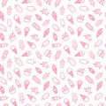 Ice cream background, sweet food seamless pattern. Vanilla icecream, frozen yogurt, popsicle lolly line icons. Summer