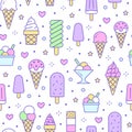 Ice cream background, sweet food seamless pattern. Vanilla icecream, frozen yogurt, popsicle lolly line icons. Summer Royalty Free Stock Photo
