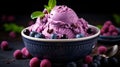 Ice cream balls of Blueberry and fruits close up. Food photography. Horizontal format. AI generated Royalty Free Stock Photo