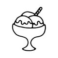 Ice cream balls in a bowl outline doodle isolated illustration on white background. Dessert in a cup thin line icon