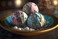 Ice cream balls in a golden plate on the table. AI generative