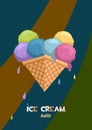 Ice cream balls illustration. Sweat heart. Ice cream in a waffle cone.