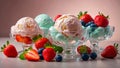 ice cream balls with strawberries, blueberries in glass bowls Royalty Free Stock Photo