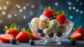 ice cream balls with strawberries, blueberries in glass bowls menu Royalty Free Stock Photo