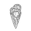 Ice cream balls in waffle cone outline icon, sprinkles of caramel or syrup drip on sundae Royalty Free Stock Photo