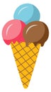 Ice cream balls in waffle cone. Summer sweet icon