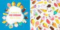 Ice cream banner set, best in town food, vector illustration. Delicious cartoon frozen dairy product, creamy refreshing Royalty Free Stock Photo