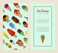 Ice cream banner summer natural fresh and cold sweet food vector illustration. Healthy homemade tasty dairy cone Royalty Free Stock Photo