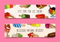 Ice cream banner summer natural fresh and cold sweet food vector illustration. Healthy homemade tasty dairy cone Royalty Free Stock Photo