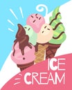 Ice cream banner. Three different desserts in waffle cone and text, summer vertical poster, pistachio vanilla and Royalty Free Stock Photo