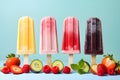 Ice cream bars in a variety of colors, bright, lively, and delicious, along with a variety of fruits. On a pastel blue background