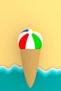 Ice-cream beach ball takes sunbathe on the sandy shore abstract background 3D illustration