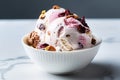 Ice cream with berries and nuts in a bowl on white countertop with fresh berries, generative AI Royalty Free Stock Photo