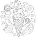 Ice cream with berries, orange and mint.Tasty sweets.Coloring book antistress for children and adults