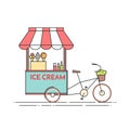 Ice Cream Bicycle. Cart On Wheels. Food And Drink Kiosk . Vector Illustration. Flat Line Art.