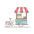 Ice Cream Bicycle. Cart On Wheels. Food And Drink Kiosk . Vector Illustration. Flat Line Art.