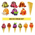 Ice Cream Big Set. Scoops and Cones. Vector Design. Different Flavors. Constructor