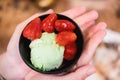 ice cream in a black bowl with strawberries Sauce