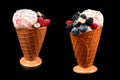 Ice cream with blueberries, blackberries and raspberries on a black background.  Copy space Royalty Free Stock Photo