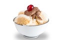 Ice cream bowl with chocolate, vanilla and caramel icecream isolated on a white background Royalty Free Stock Photo