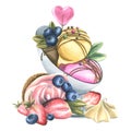 Ice cream in a bowl with a heart-shaped lollipop, cake, strawberries and blueberries. Watercolor illustration