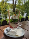 Ice cream bowl with two balls of vanilla ice cream, fresh strawberries, fresh leaves of lemon balm, cream piles and physalis.