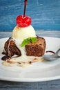 Ice cream and browny with cherry and mint Royalty Free Stock Photo
