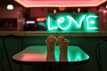 ice cream cafe display love background in neon light. valentine's day card, AI generative Royalty Free Stock Photo