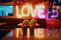 ice cream cafe display love background in neon light. valentine's day card, AI generative Royalty Free Stock Photo