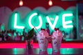 ice cream cafe display love background in neon light. valentine's day card, AI generative Royalty Free Stock Photo