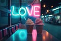 ice cream cafe display love background in neon light. valentine's day card, AI generative Royalty Free Stock Photo