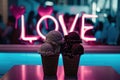 ice cream cafe display love background in neon light. valentine's day card, AI generative Royalty Free Stock Photo