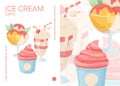 Ice cream cafe poster design. Different ice creams, in a glass, in the waffle cone, milkshake