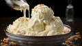 Ice cream with caramel sauce and ground nuts on a wooden table. AI Generated Royalty Free Stock Photo