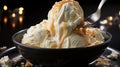 Ice cream with caramel sauce and ground nuts on a wooden table. AI Generated Royalty Free Stock Photo