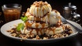 Ice cream with caramel sauce and ground nuts on a wooden table. AI Generated Royalty Free Stock Photo