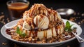 Ice cream with caramel sauce and ground nuts on a wooden table. AI Generated Royalty Free Stock Photo