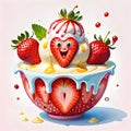 Ice cream caramel strawberry fruit sundae happy face delicious meal