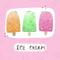 Ice cream. cartoon ice creams, hand drawing lettering. Summer colorful illustration, flat style.
