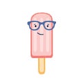 Ice cream cartoon character in eyeglasses vector illustration. Strawberry popsicle, fruity frozen treat isolated on